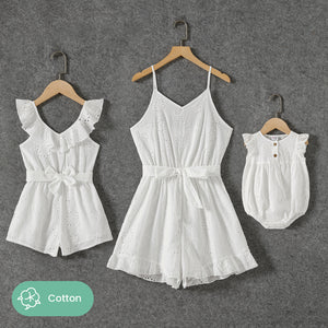 Mommy and Me 100% Cotton White Ruffle Trim Sleeveless Belted Rompers