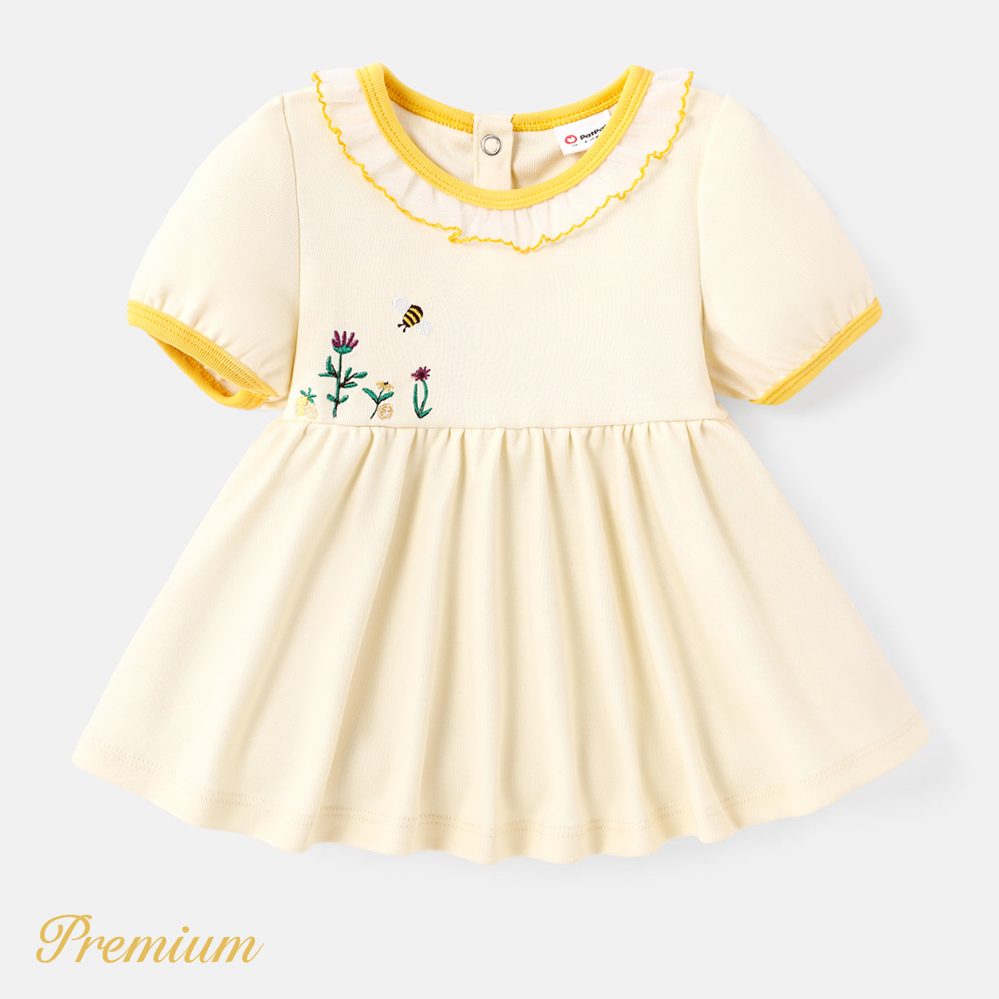 Baby Girl Mesh Collar Puff-sleeve Floral Embroidered Tee Premium