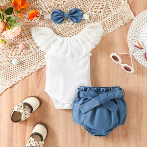 3pcs Baby Girl 95% Cotton Lace Trim Ribbed Romper & 100% Cotton Belted Shorts & Bow Headband Set