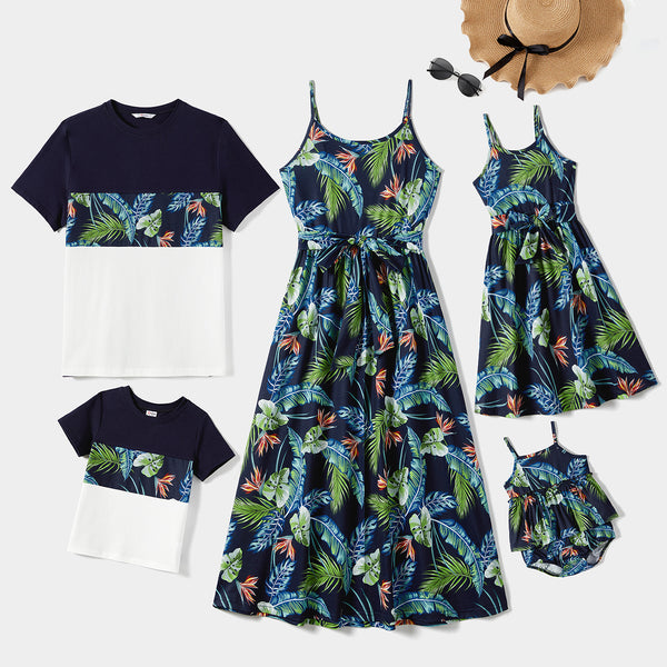 Family Matching All Over Floral Print Round Neck Spaghetti Strap  Dresses and Splicing Short-sleeve T-shirts Sets