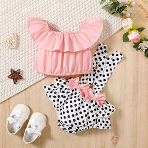 2pcs Baby Girl 100% Cotton Ruffled Solid Sleeveless Top and 100% Cotton Polka Dots Print Strappy Bow Decor Ruffled Suspender Shorts Set