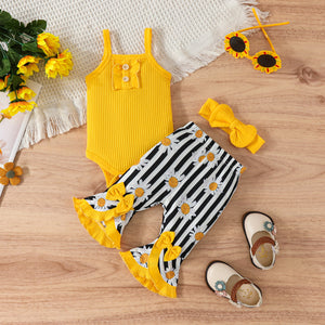 3pcs Baby Girl Yellow Ruffle Trim Rib-knit Cami Bodysuit & Daisy Striped Print Flared Pants & Headband Set