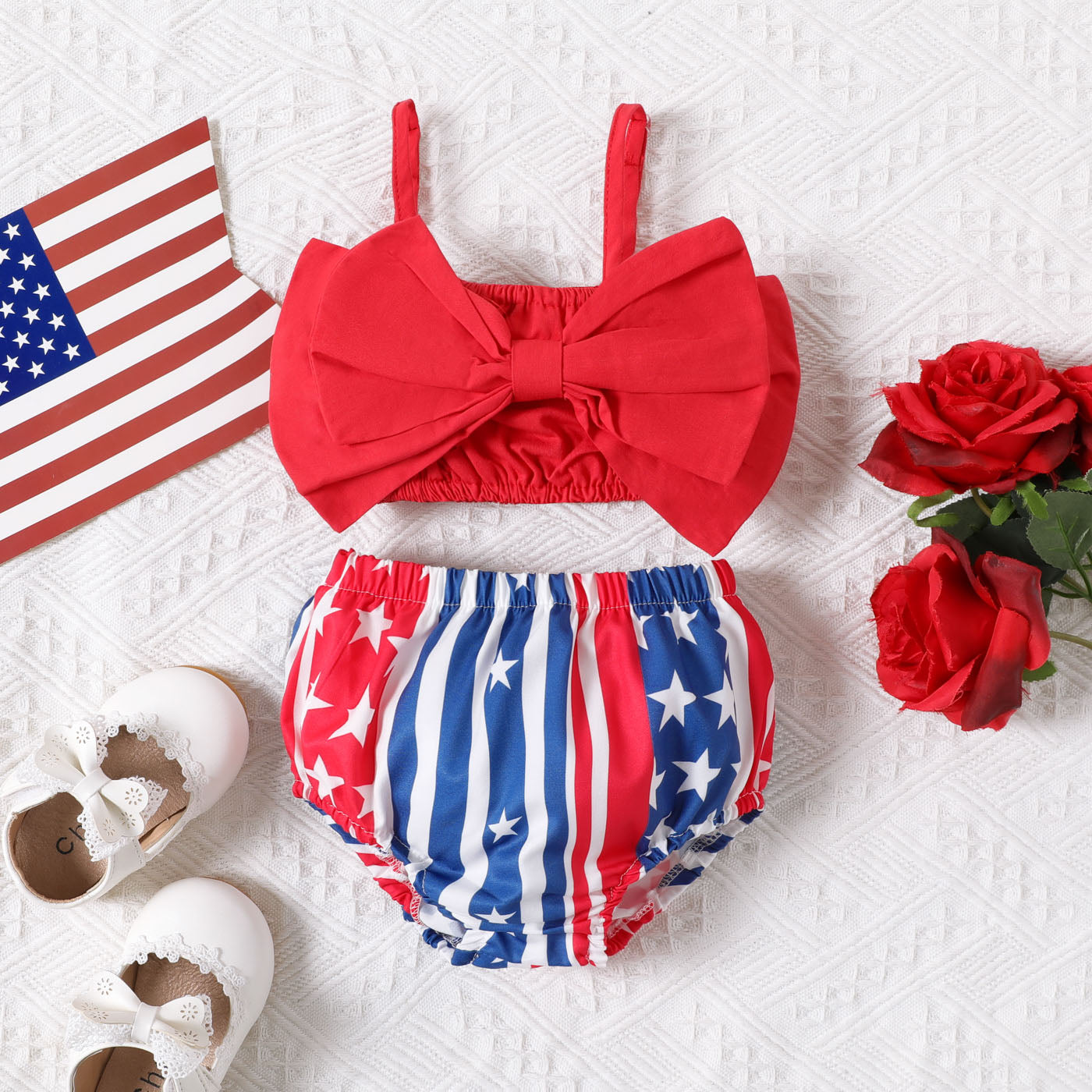 Independence Day Baby Girl 100% Cotton Bow Decor Slip Top and Shorts Set