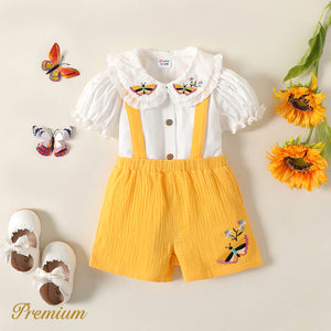 2pcs Baby Girl 100% Cotton Floral Embroidered Ruffle Collar Puff-sleeve Top and Solid Crepe Suspender Shorts Set Premium