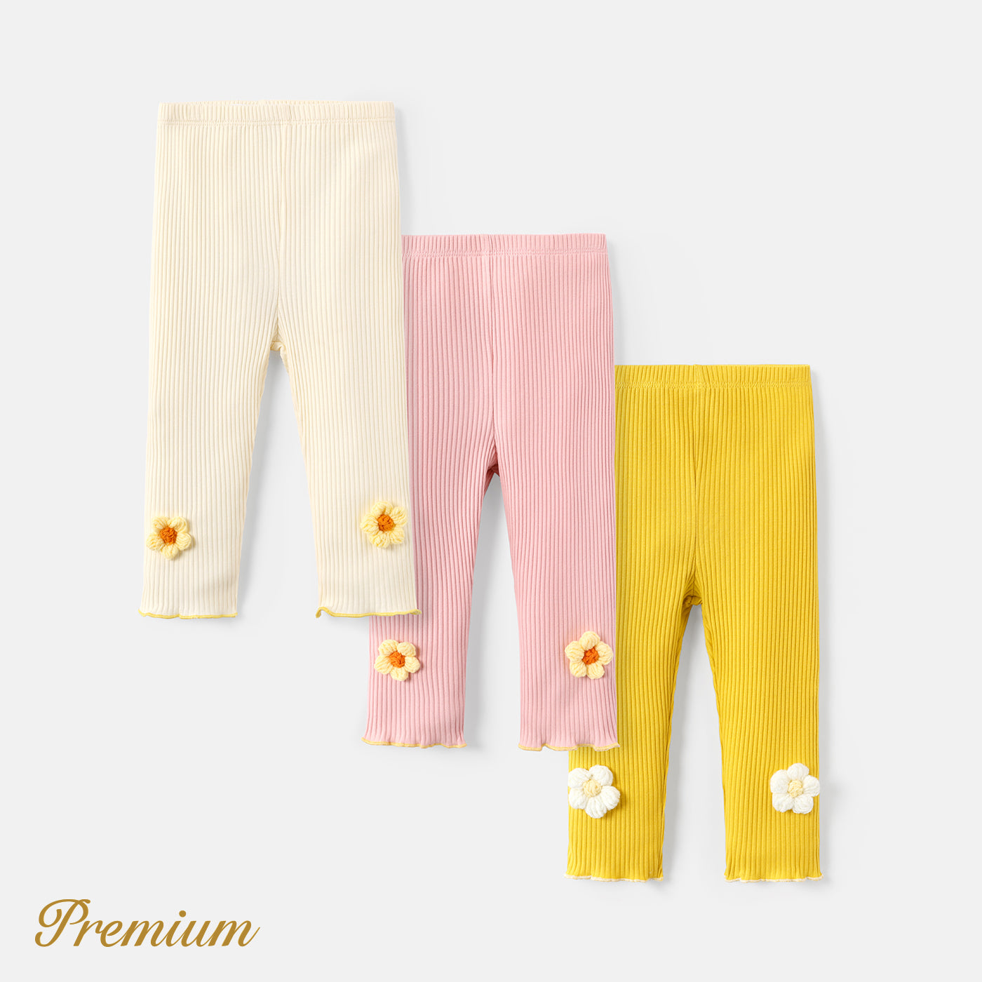 Baby Girl Knit Flower Detail Solid Cotton Ribbed Leggings Premium