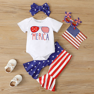 Independence Day 3pcs Baby Girl 95% Cotton Letter Print Short-sleeve Bodysuit and Colorblock Flared Pants and Headband Set