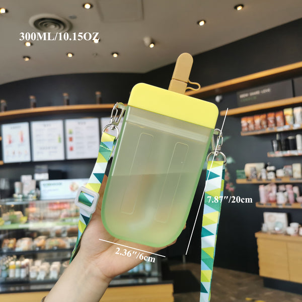 300ml Cute Straw Cup New Plastic Popsicle Shape Water Bottle BPA Free Transparent Juice Drinking Cup Suitable for Boys Girls