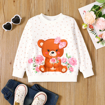 Toddler Girl Bear & Floral & Polka Dots Print Long-sleeve Pullover Sweatshirt