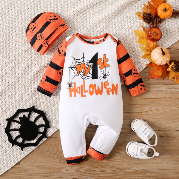 Halloween Baby Naia Letter Pumpkin Pattern Long Sleeve Jumpsuit Set
