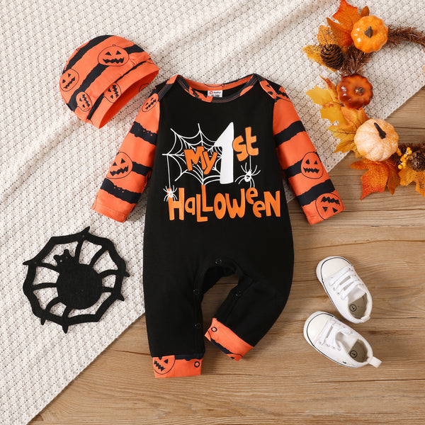 Halloween Baby Naia Letter Pumpkin Pattern Long Sleeve Jumpsuit Set
