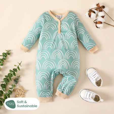 Baby Naia Basic Geometric Patterns Button Long Sleeve Jumpsuit