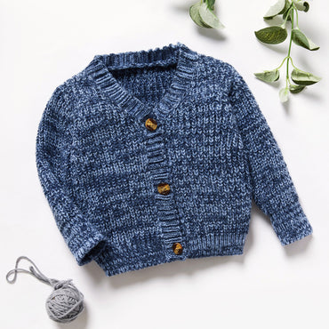 Toddler Boy Solid Color   Button and Floral Texture Design Sweater