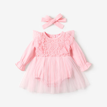 2pcs Baby Girl Sweet Solid Lace and Mesh design Long Sleeve Romper
