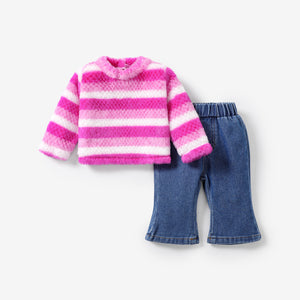 2pcs Baby Girl Stripe Horn Edge Loose Fuzzy Colorblock Sweatshirt and Denim Flares Sets