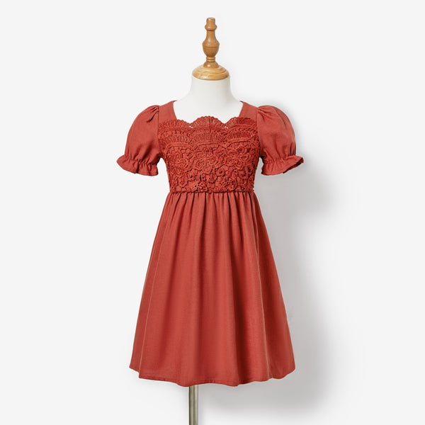 Family Matching Lace Embroidered Scalloped Neck Dress and Stripe T-shirt Sets