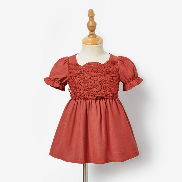 Family Matching Lace Embroidered Scalloped Neck Dress and Stripe T-shirt Sets