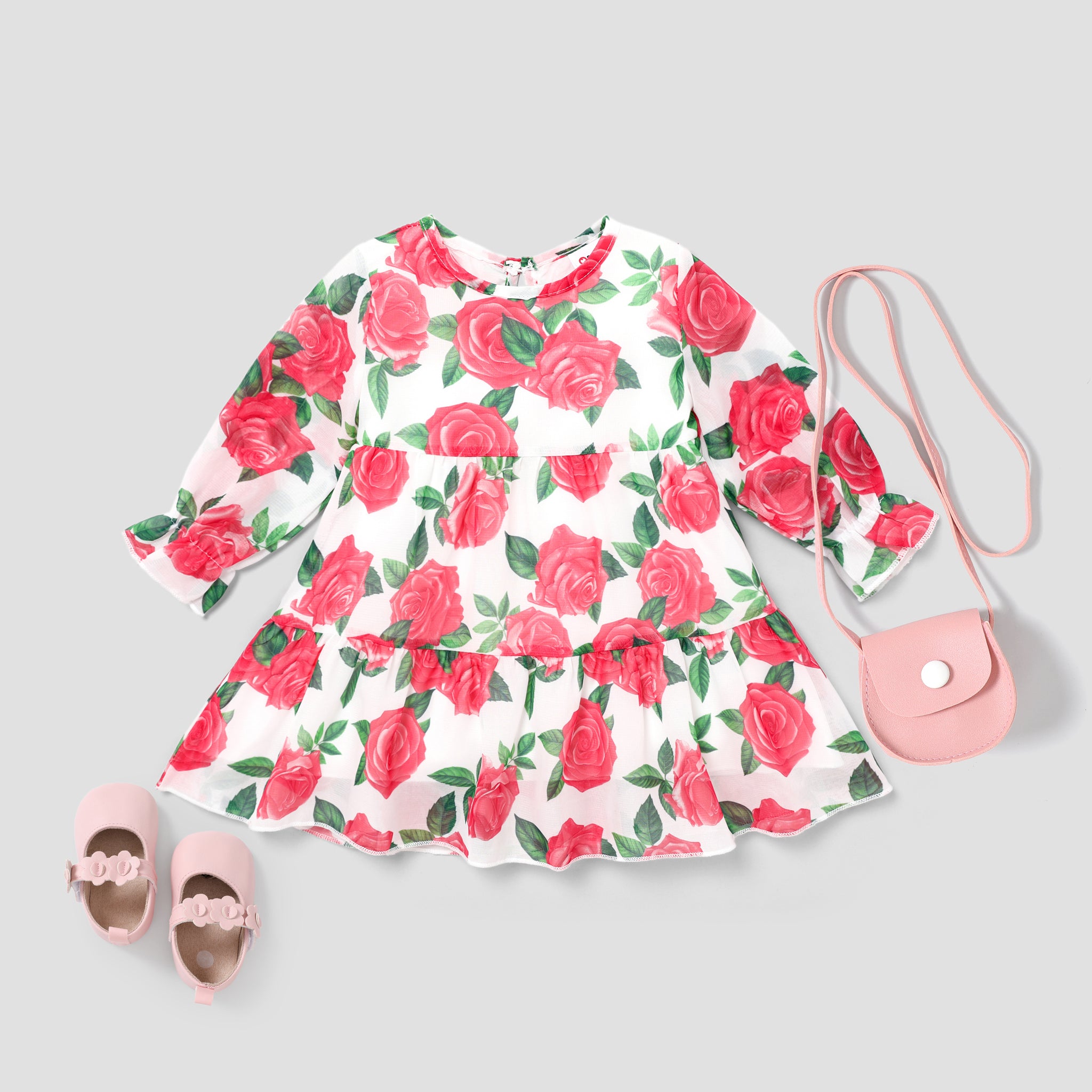 Baby Girl Cute Rose Print Ruffle Edge Long Sleeve Sweet Dress