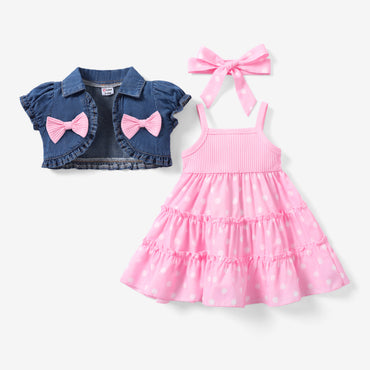 3pcs Baby Girl Sweet Denim Cardigan and Polka Dot Dress Set with Headband