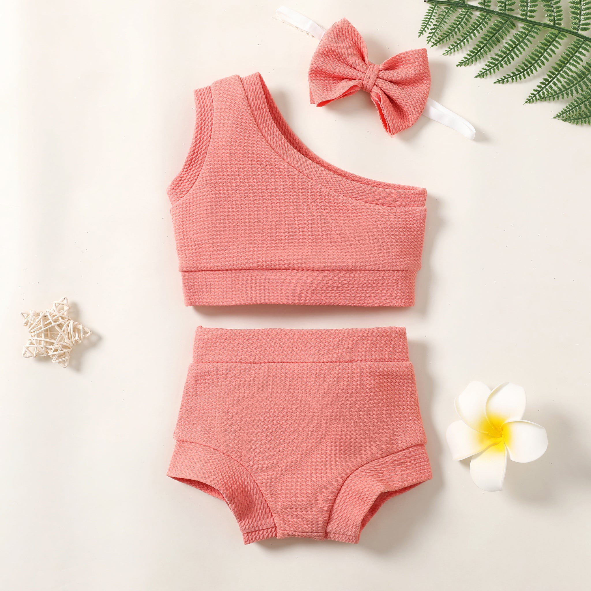 3pcs Baby Girl's Cute Sets in Slanted Shoulder Solid Color Grid Pattern