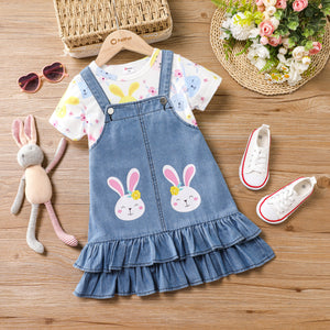 2pcs Sweet Toddler Girl Dress Set with Ruffle Edge and Cute Rabbit Print