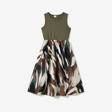 Mommy and Me Army Green Tank Top Spliced Floral Dress