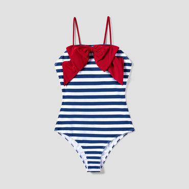 Family Matching Vertical Stripe Drawstring Swim Trunks or Bow Detail One-Piece Swimsuit
