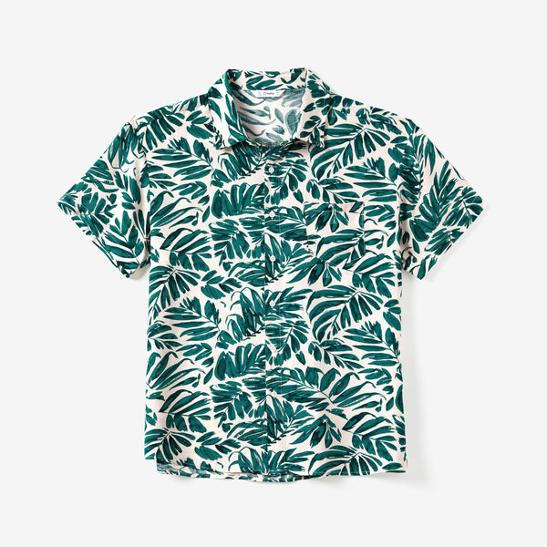 Family Matching Leaf Print Beach Shirt and High Neck Halter Belt Maxi Dress Sets
