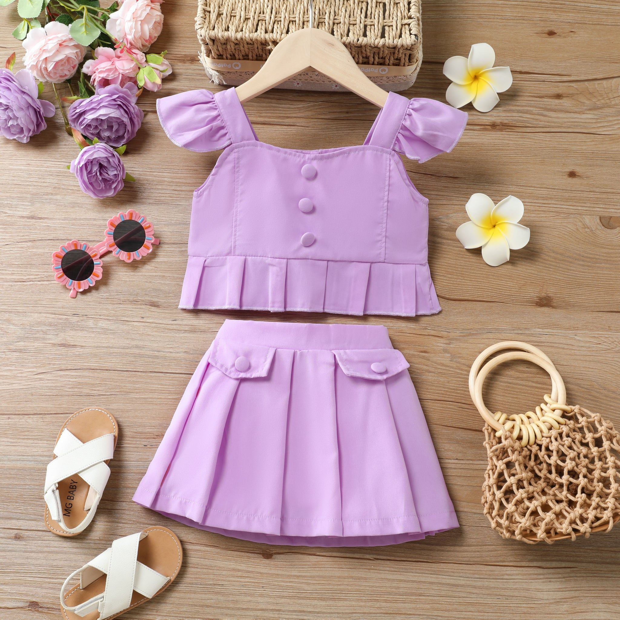 Flutter Sleeve 2pcs Toddler Girl Dress Suit with Avant-garde Style and Solid Color Design