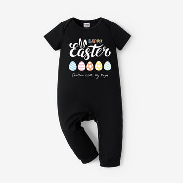 Family Matching Easter Egg and Easter Bunny Ear Pattern Cotton Black Tops
