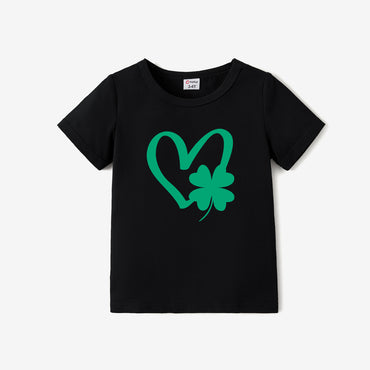 St. Patrick's Day Family Matching Heart and Four-Leaf Clover Pattern Black Tops