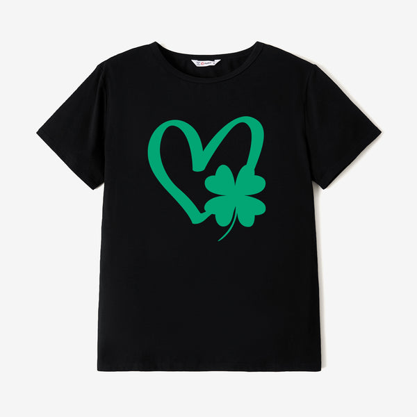 St. Patrick's Day Family Matching Heart and Four-Leaf Clover Pattern Black Tops