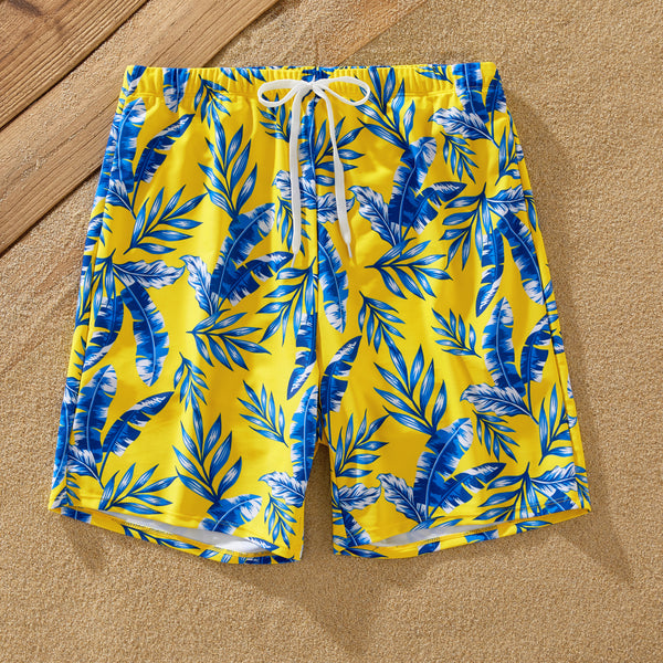 Family Matching Yellow Leaf Print Swim Trunks or Ruched Flutter Sleeve Bikini with Optional Swim Cover Up