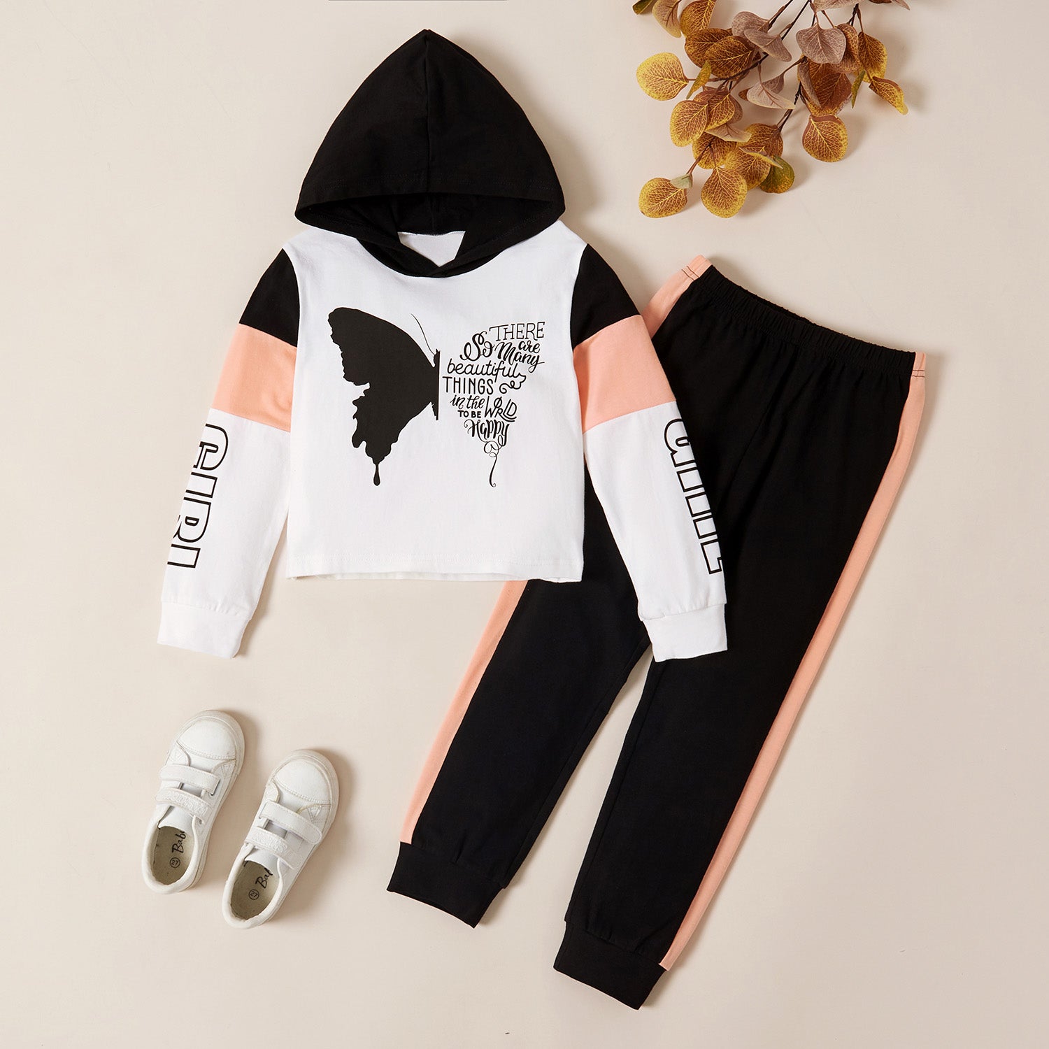 Trendy Butterfly Print Letter Hooded Sweatshirt and Pants Set