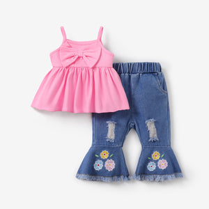 2pcs Baby Girl Sweet Cami Top and Denim Ripped Jeans Set