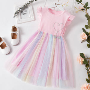Beautiful Kid Girl Princess Fly Sleeve Heart Rainbow Mesh Dress