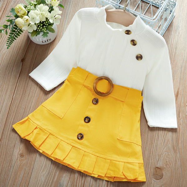 Baby / Toddler Girl Turtleneck Solid Knitted Buckle Ruffled Suit-dress