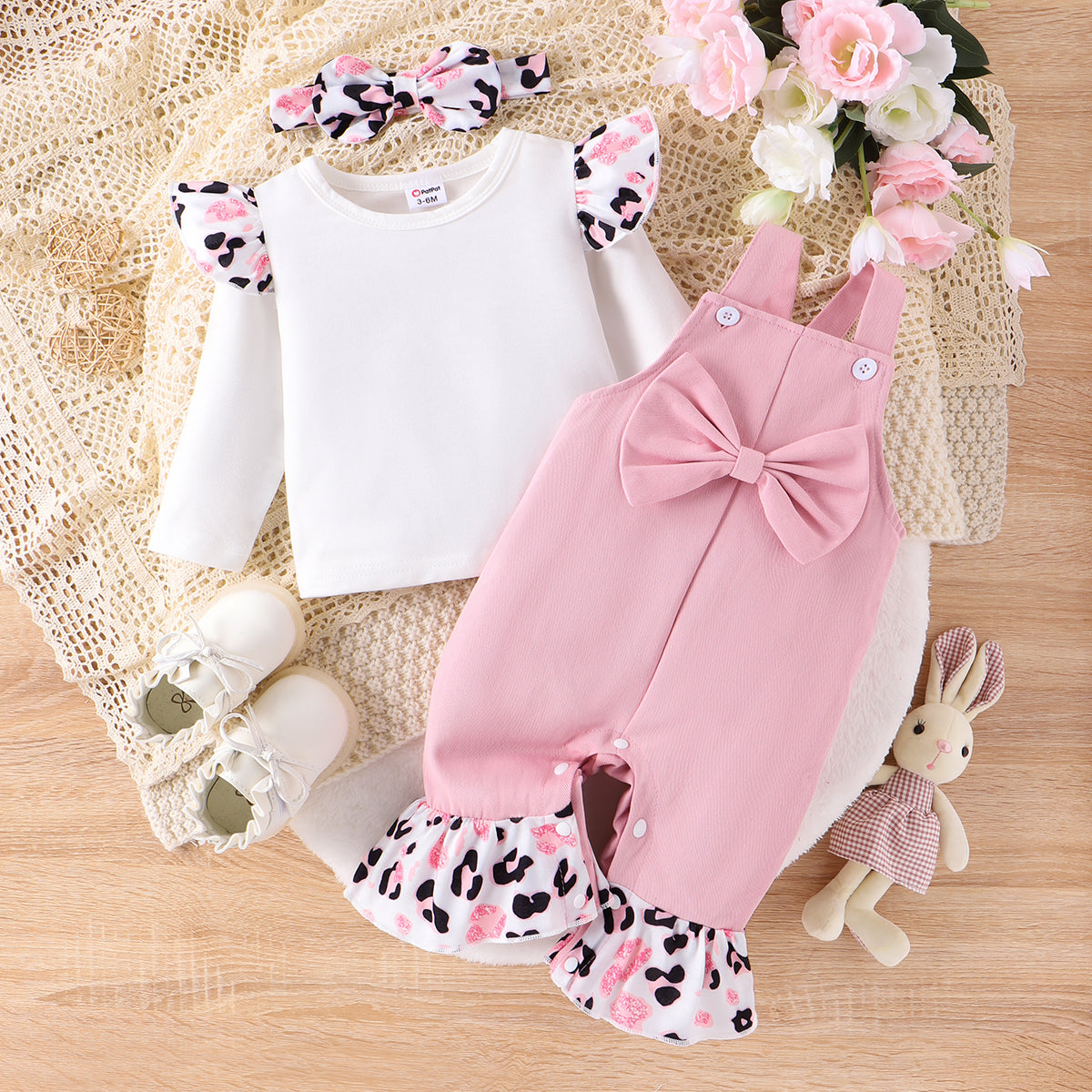 3pcs Baby Girl Sweet Leopard Animal pattern Ruffled Tshirt and Overall Sets with Headband